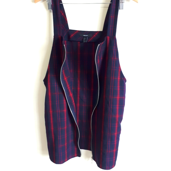 FOREVER 21 / L / Women's Tartan Plaid Pinafore Full Front Zip Mini Dress - Red - Picture 4 of 9